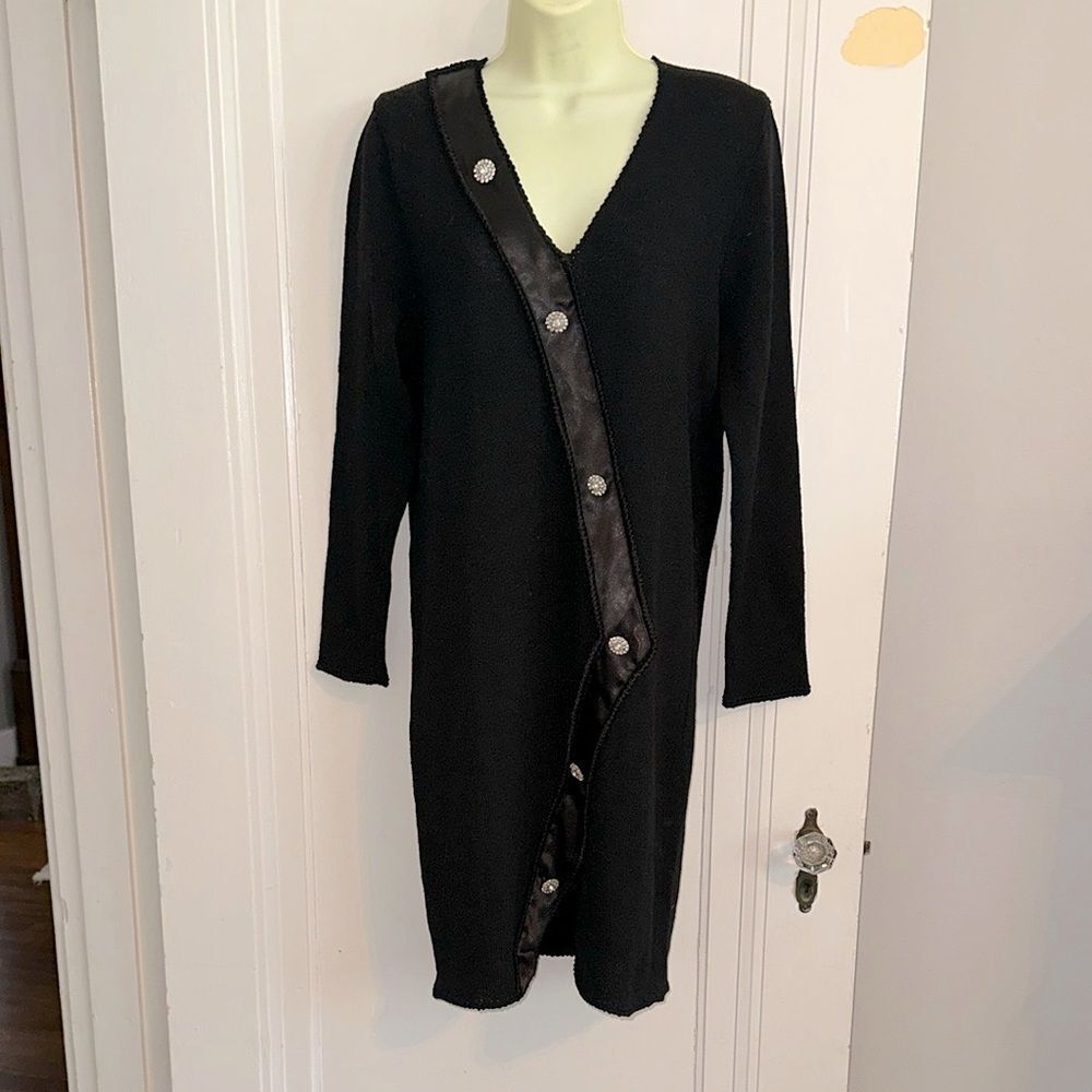 Vintage 80s Vera Porter Black‎ Long Sleeve Sweater Dress/Rhinestone Buttons
